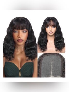 Black Wavy Lace Front Wig with Bangs - Natural Shine